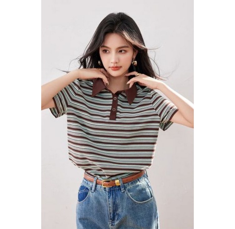 카라 브라운 스트라이프 루즈핏 피케 반팔 30 40대 미시 77사이즈 까지 출근