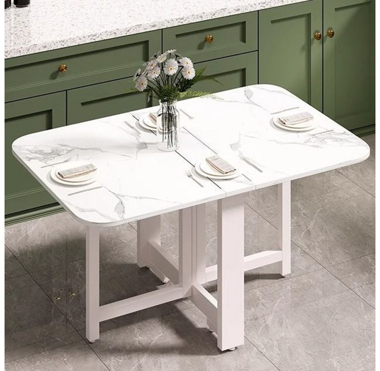 오아루 접이식 확장형 주방 식탁 테이블, 2인용, 마블 화이트화이트 프레임