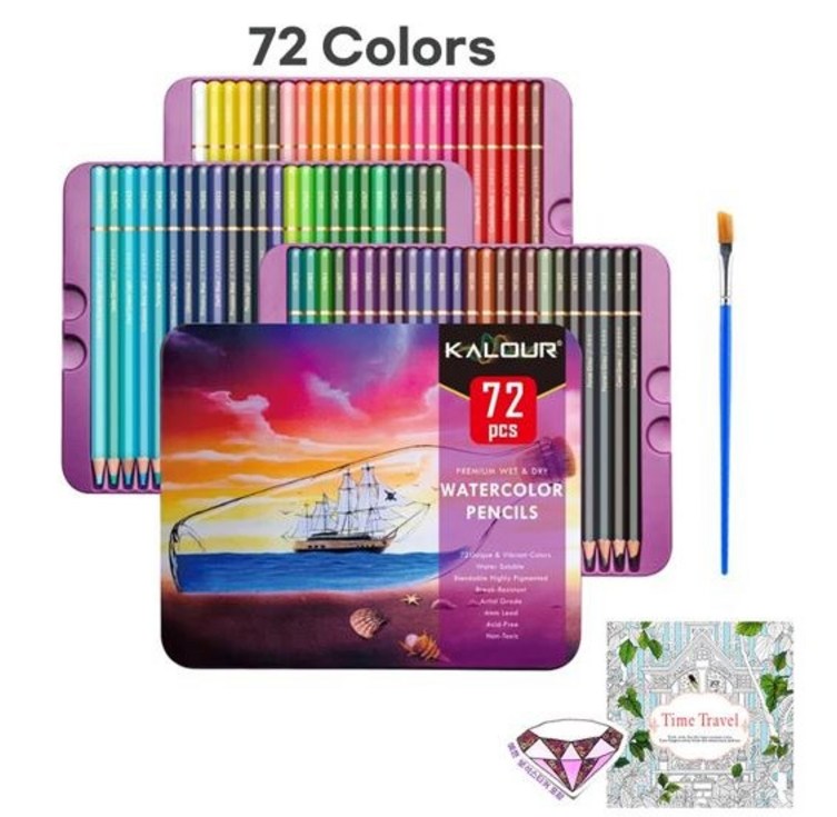 KALOUR 칼루어 전문가용 수채 색연필 72색 + 컬러링북 + 미니붓 1개, 72색, 1개