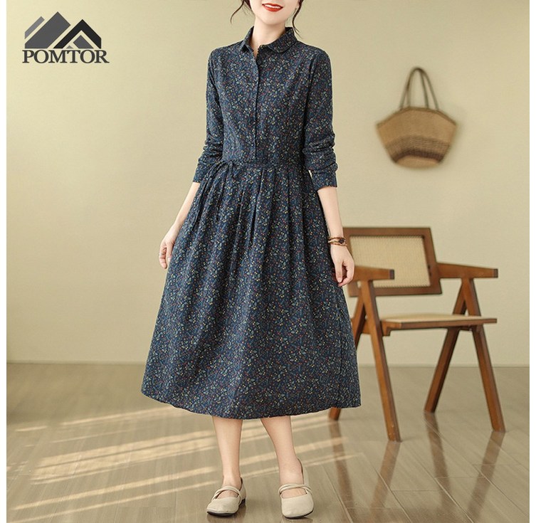 POMTOR 봄 가을 여성 플라워 긴팔 원피스 면 린넨 터틀넥 허리 조임 미디 체형커버 원피스